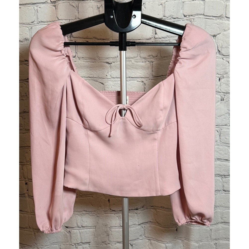Wilfred Aritzia Novella Blouse Pink Puff Sleeve Tie Front Smocked Top Small